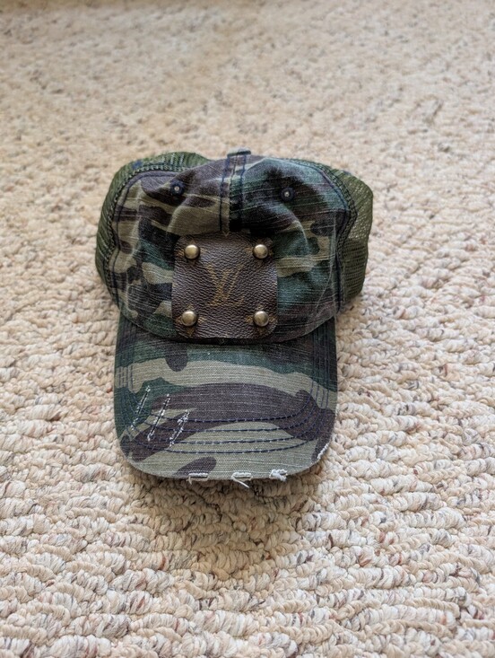 Upcycled LV Patch Trucker Hat Camo Mesh Snapback Custom Streetwear Vtg main image 4